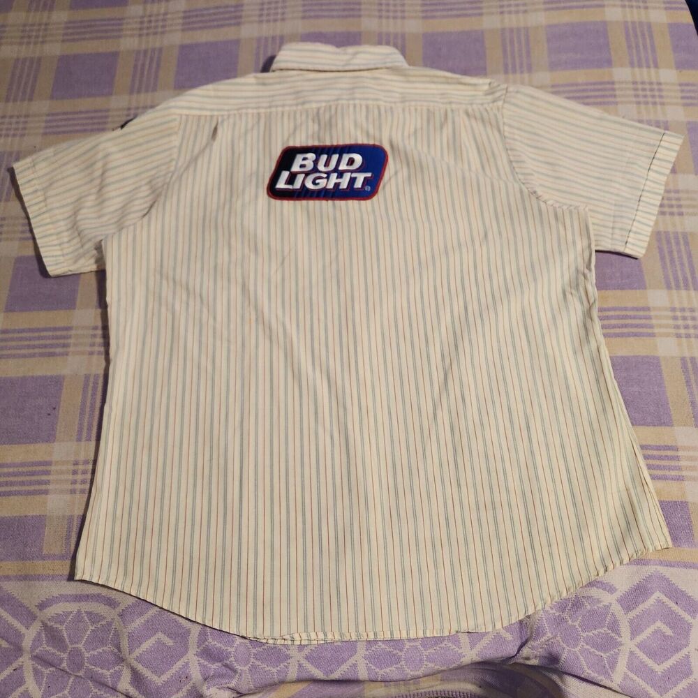 Vintage Bud Light Beer Worker Shirt Button USA Union Anheuser Busch Striped
